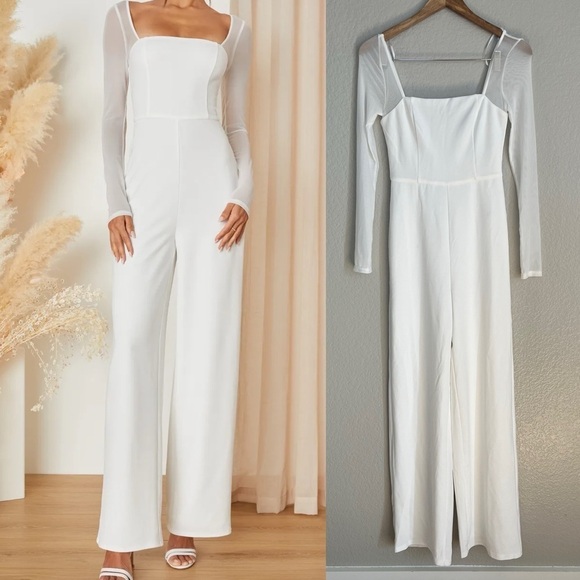 NWOT Lovingly Yours White Mesh Long Sleeve Jumpsuit - Picture 1 of 7